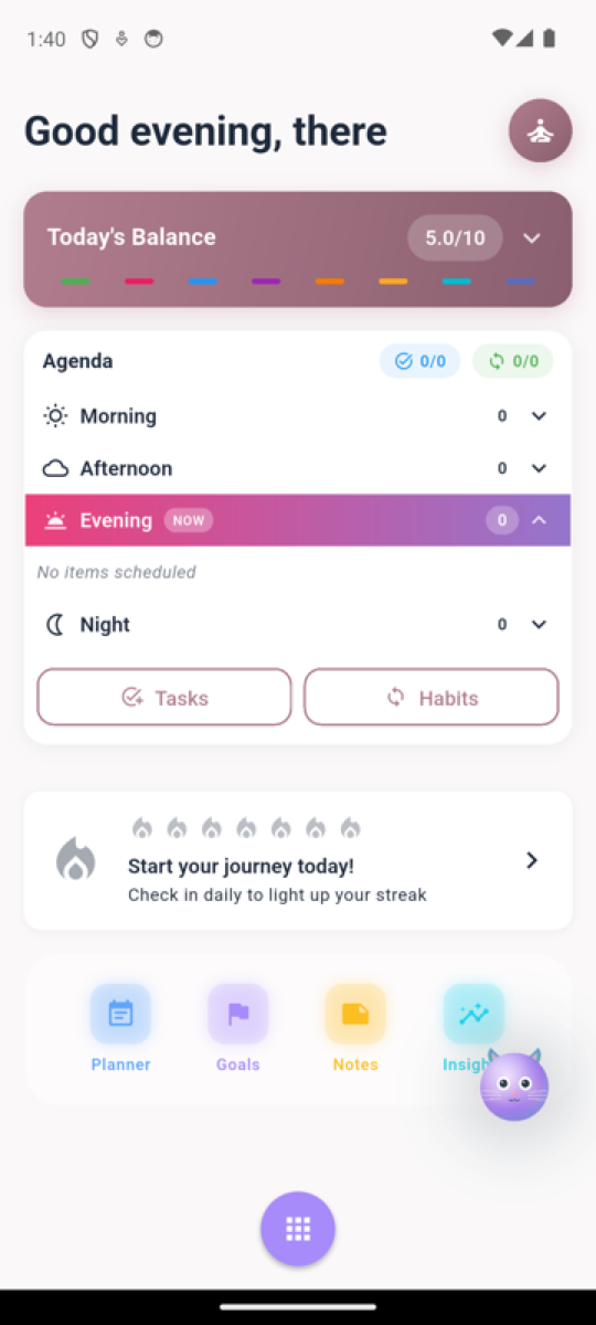 Life Balance home screen showing 8-pillar wheel